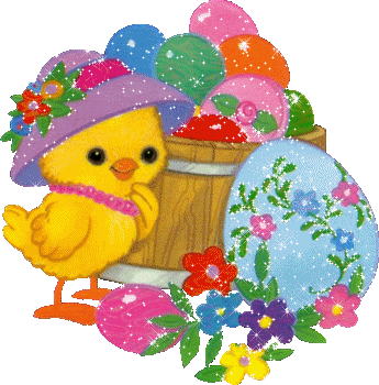 Kurczak z kapeluszem pilnuje pisanek